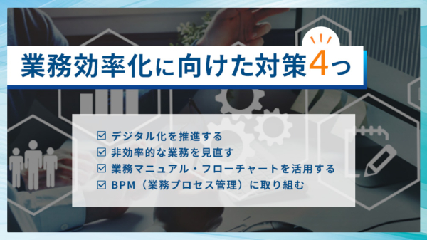 業務効率化に向けた対策4つ ・デジタル化を推進する ・非効率的な業務を見直す ・業務マニュアル・フローチャートを活用する ・BPM（業務プロセス管理）に取り組む