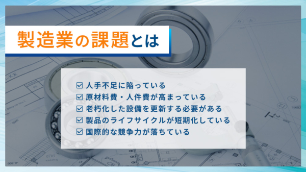 製造業の課題とは ・人手不足に陥っている ・原材料費・人件費が高まっている ・老朽化した設備を更新する必要がある ・製品のライフサイクルが短期化している ・国際的な競争力が落ちている
