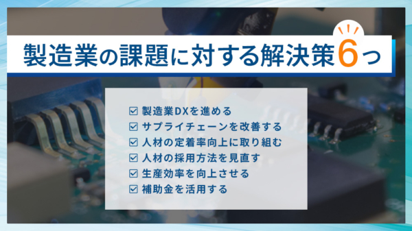 製造業の課題に対する解決策６つ ・製造業DXを進める ・サプライチェーンを改善する ・人材の定着率工場に取り組む ・人材の採用方法を見直す ・生産効率を向上させる ・補助金を活用する