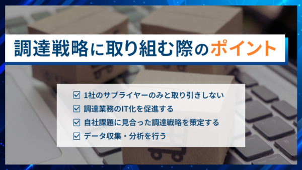 調達戦略に取り組む際のポイント ・1社のサプライヤーのみと取引しない ・調達業務のIT化を促進する ・自社課題に見合った調達戦略を策定する ・データ収集・分析をおこなう