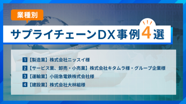 業種別　サプライチェーンDX事例4選 １　製造業　株式会社ニッスイ様 ２　サービス業、卸売・小売業　株式会社キタムラ様・グループ企業様 ３　運輸業　小田急電鉄株式会社様 ４　建設業　株式会社大林組様